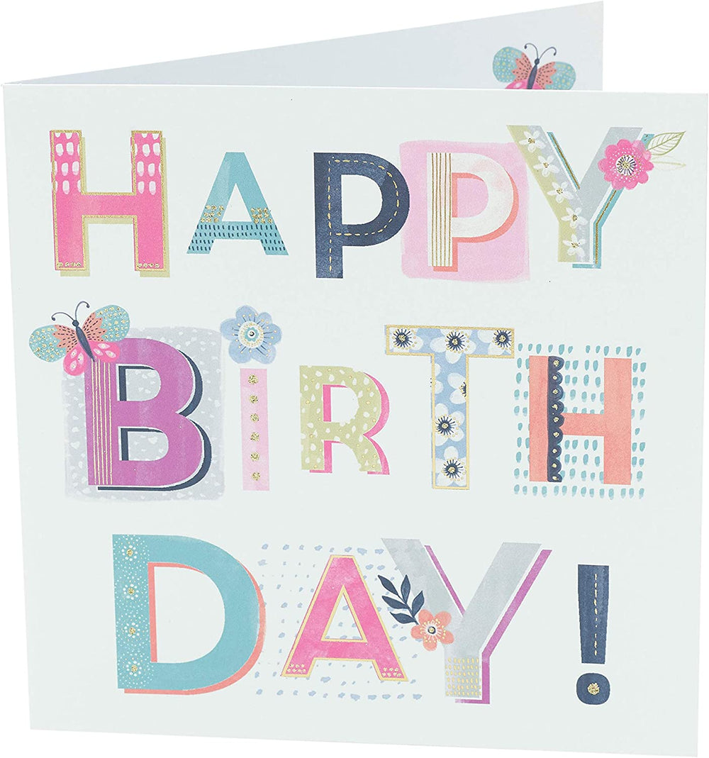 UK Greetings Pretty Birthday Card for Her with colorful "Happy Birthday" lettering, featuring floral and decorative designs.