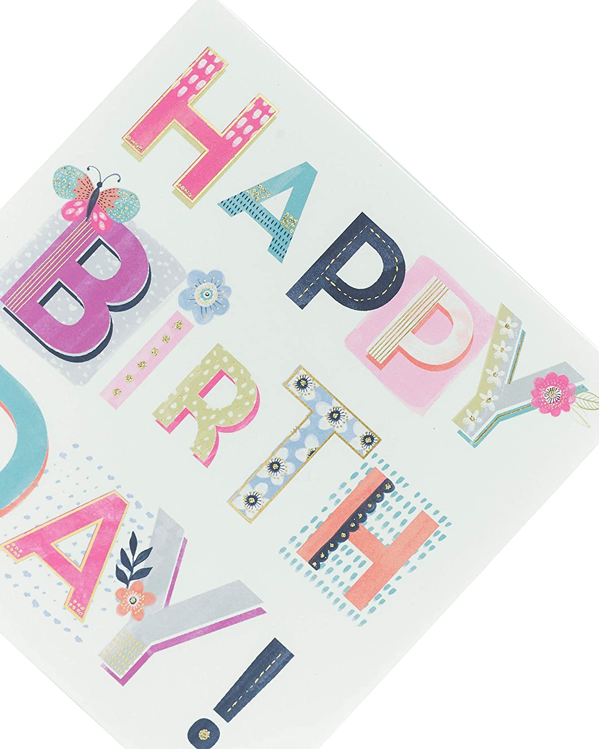 UK Greetings Pretty Birthday Card for Her featuring cheerful "Happy Birthday" lettering and floral design.