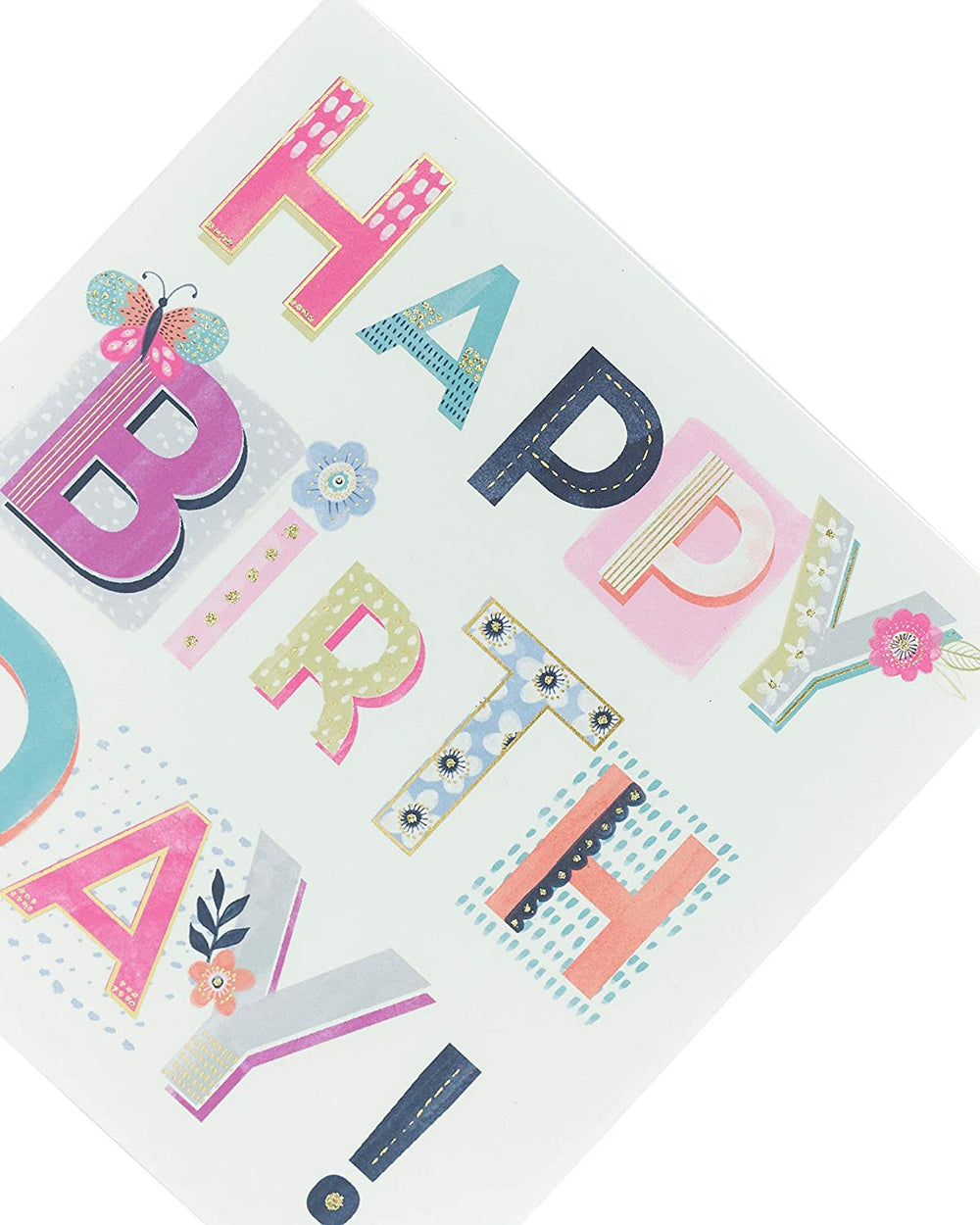 UK Greetings Pretty Birthday Card for Her featuring cheerful "Happy Birthday" lettering and floral design.