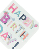 UK Greetings Pretty Birthday Card for Her featuring cheerful "Happy Birthday" lettering and floral design.
