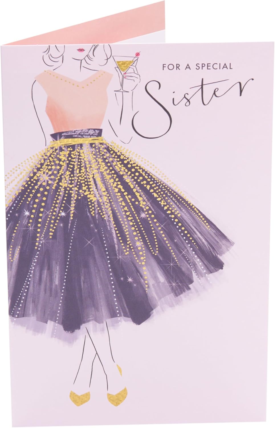 UK Greetings Pretty Dress Design Sister Birthday Card featuring colorful floral illustrations and elegant script for celebrating sisters.