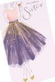 UK Greetings Pretty Dress Design Sister Birthday Card featuring colorful dress illustration, suitable for celebrating a sister's birthday.