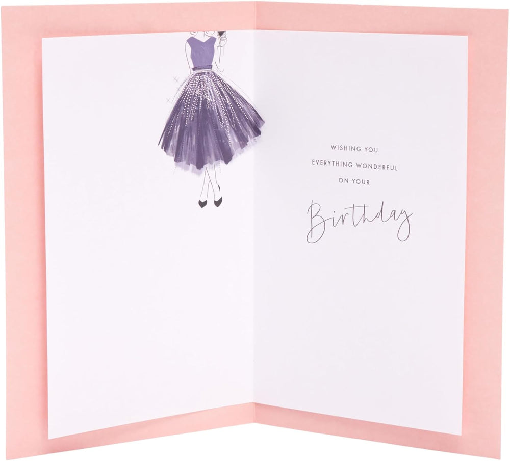 UK Greetings Pretty Dress Design Sister Birthday Card featuring colorful dress illustration and festive lettering.