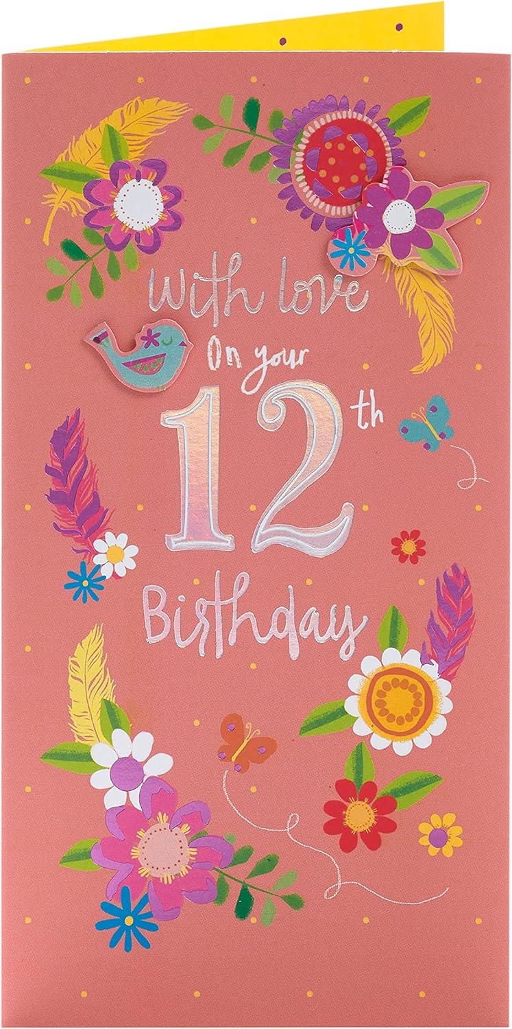 UK Greetings Pretty Flower 12th Birthday Card featuring colorful floral design and festive message for teens.