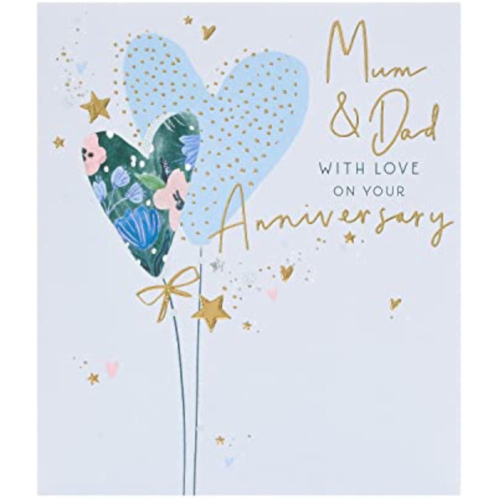 UK Greetings Pretty Hearts Anniversary Card for Mum and Dad featuring a heartfelt design and colorful hearts on the front.