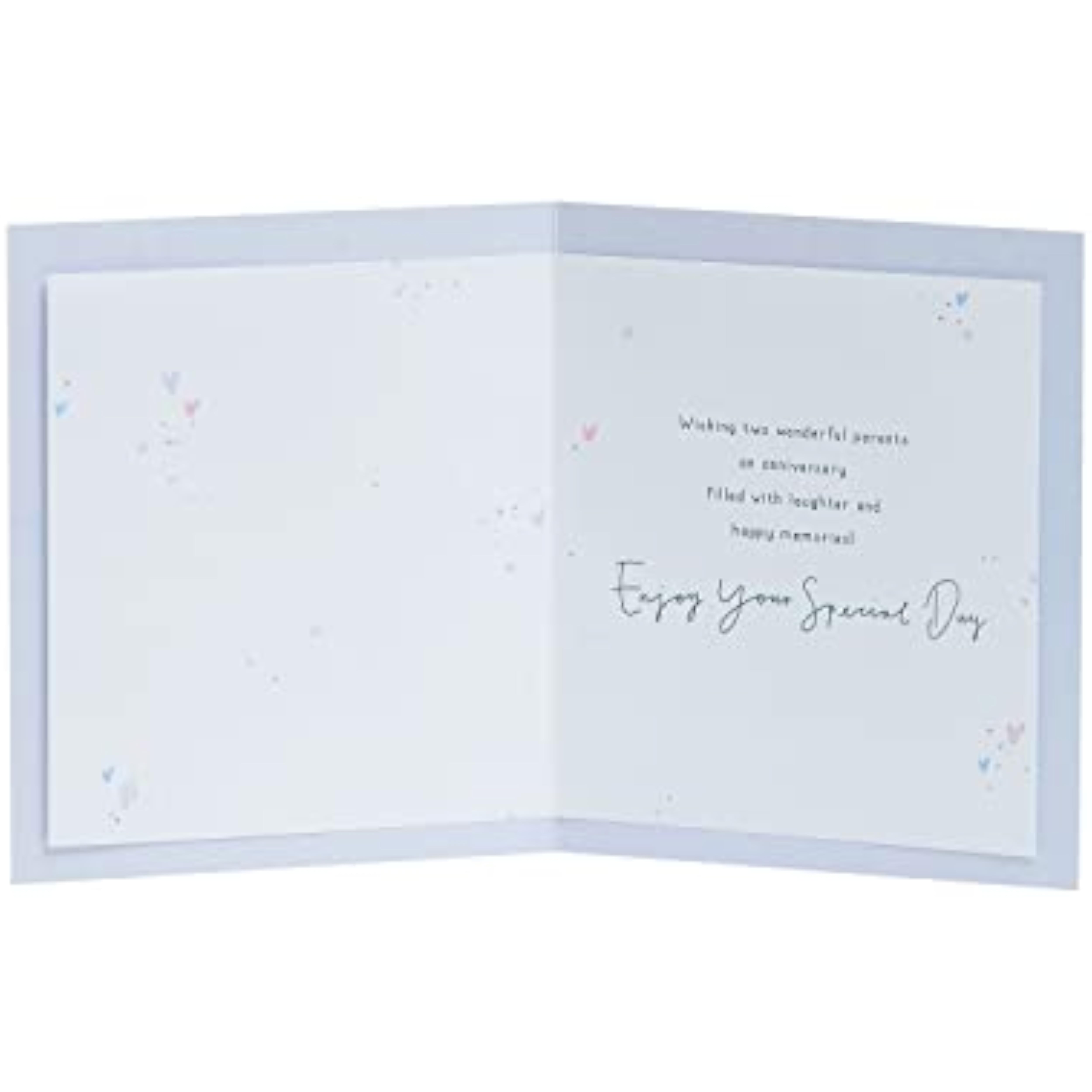 UK Greetings Pretty Hearts design anniversary card for Mum and Dad, featuring colorful heart illustrations on the front.