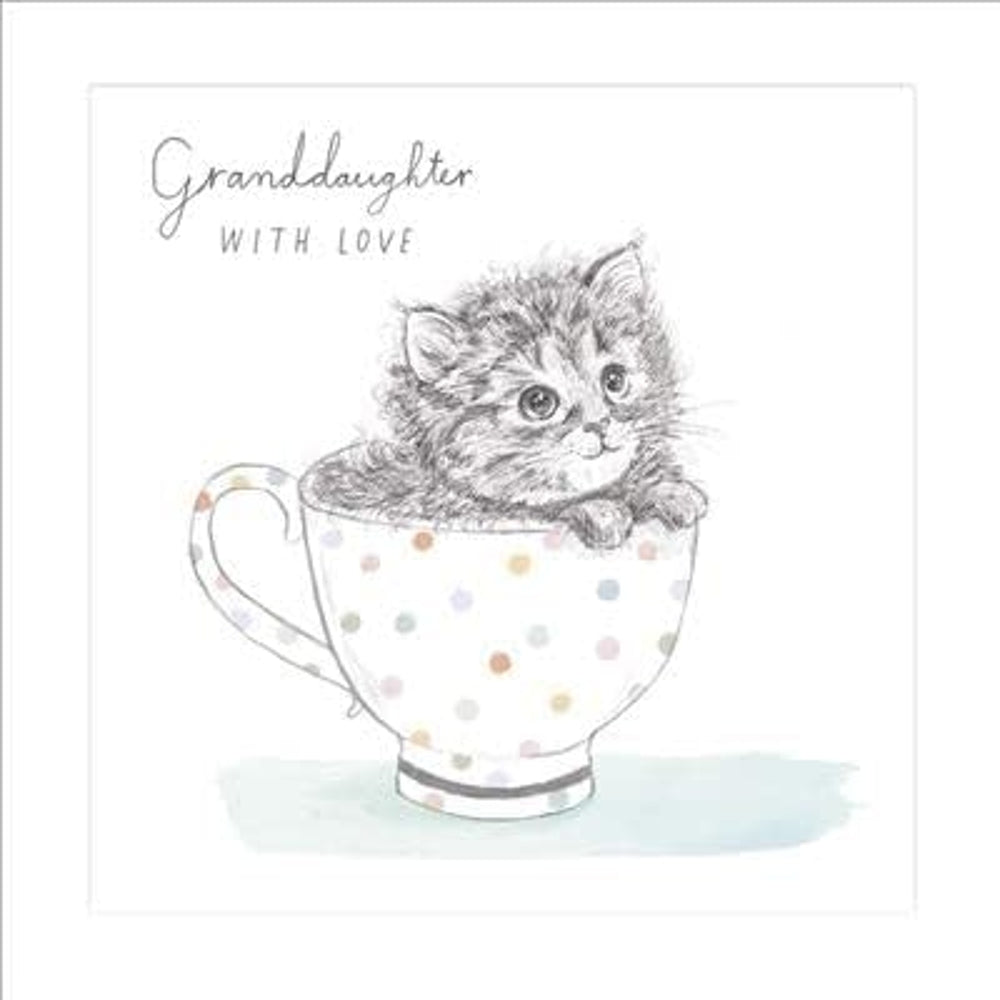 UK Greetings Pretty Kitten in Spotty Teacup granddaughter birthday card with colorful kitten illustration and cheerful design.