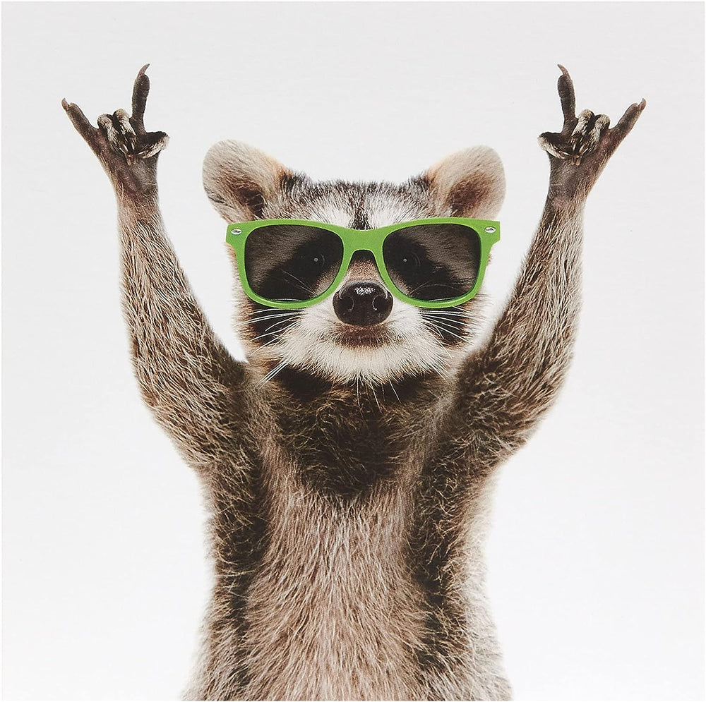 UK Greetings raccoon design birthday card featuring a cute raccoon illustration, perfect for celebrating special occasions.