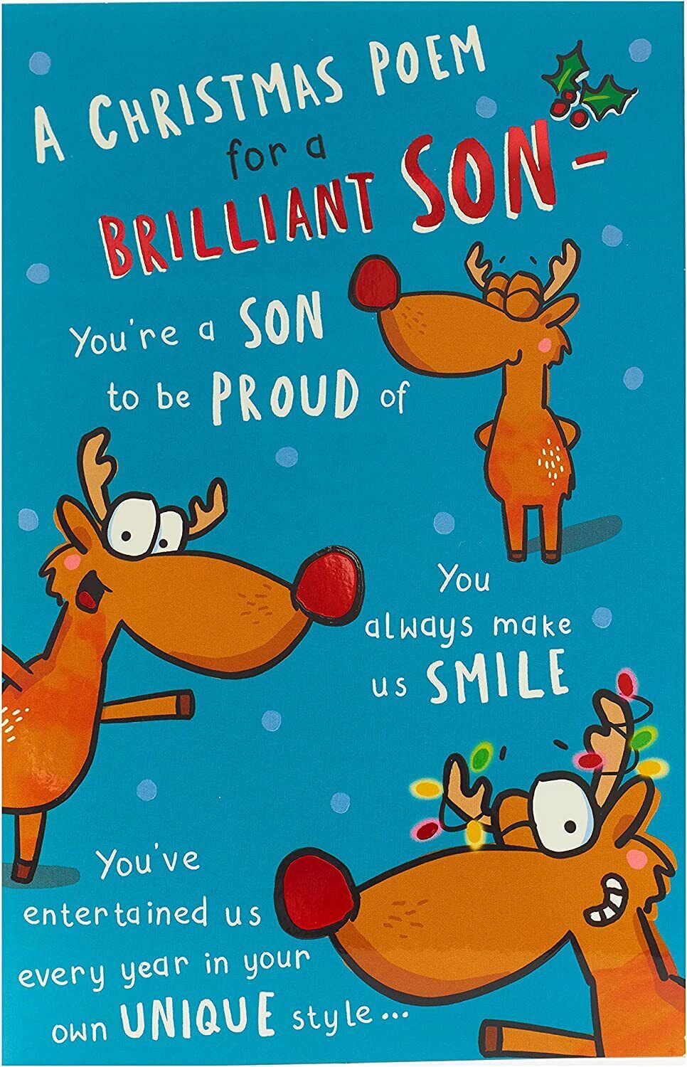 UK Greetings Reindeer funny Christmas card for son, featuring festive reindeer illustration and holiday greeting design.