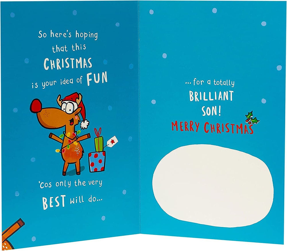 UK Greetings Reindeer funny Christmas card featuring a playful reindeer design, perfect for sending holiday cheer to a son.