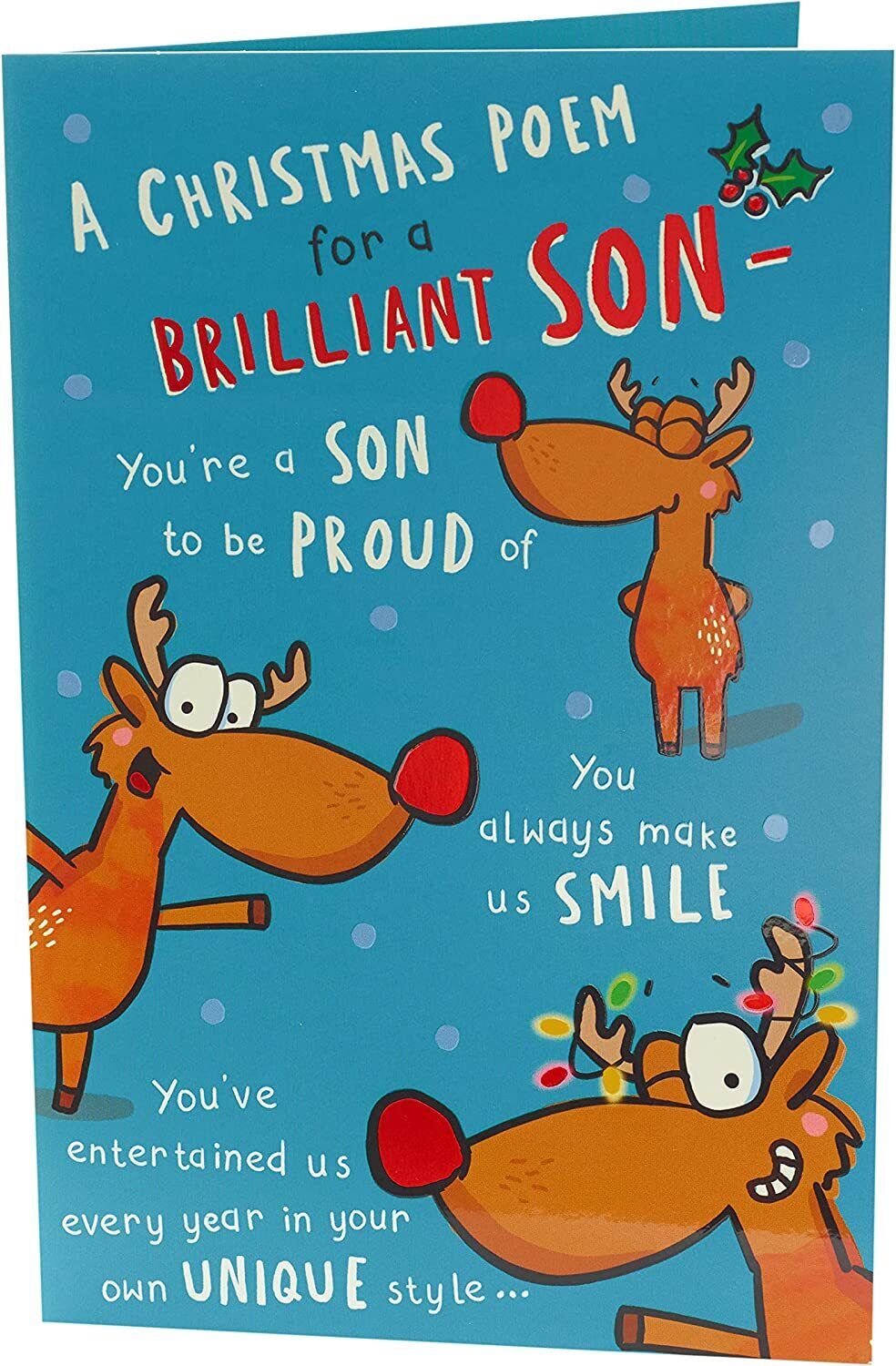 UK Greetings Reindeer Funny Son Christmas Card showing a cheerful reindeer illustration for holiday greeting cards