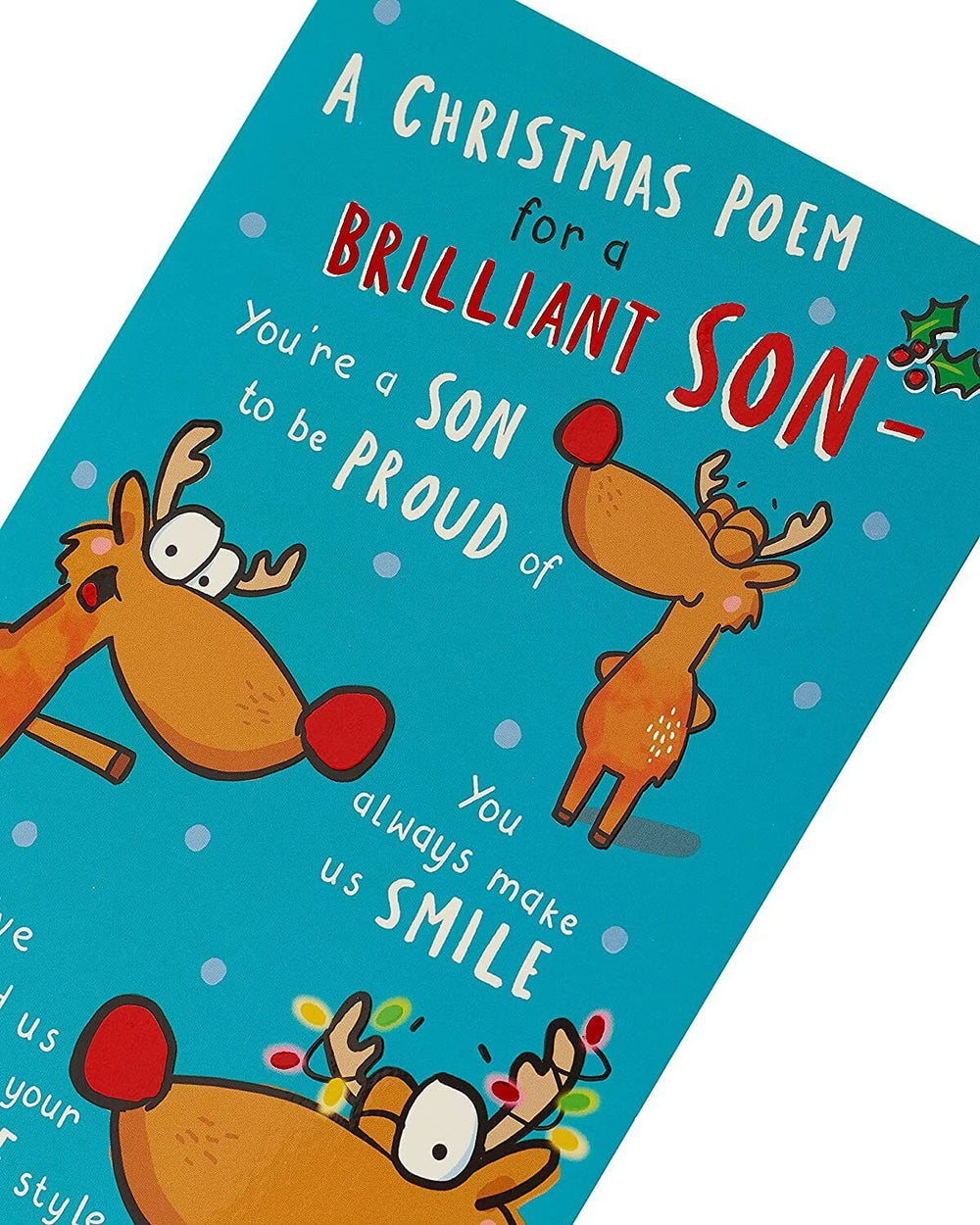 UK Greetings Reindeer funny Christmas card for son, featuring festive reindeer illustration on a greeting card.
