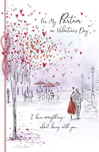 UK Greetings Riverside Couple Walking Valentine Card for Partner, featuring a romantic illustration of a couple strolling along a river.