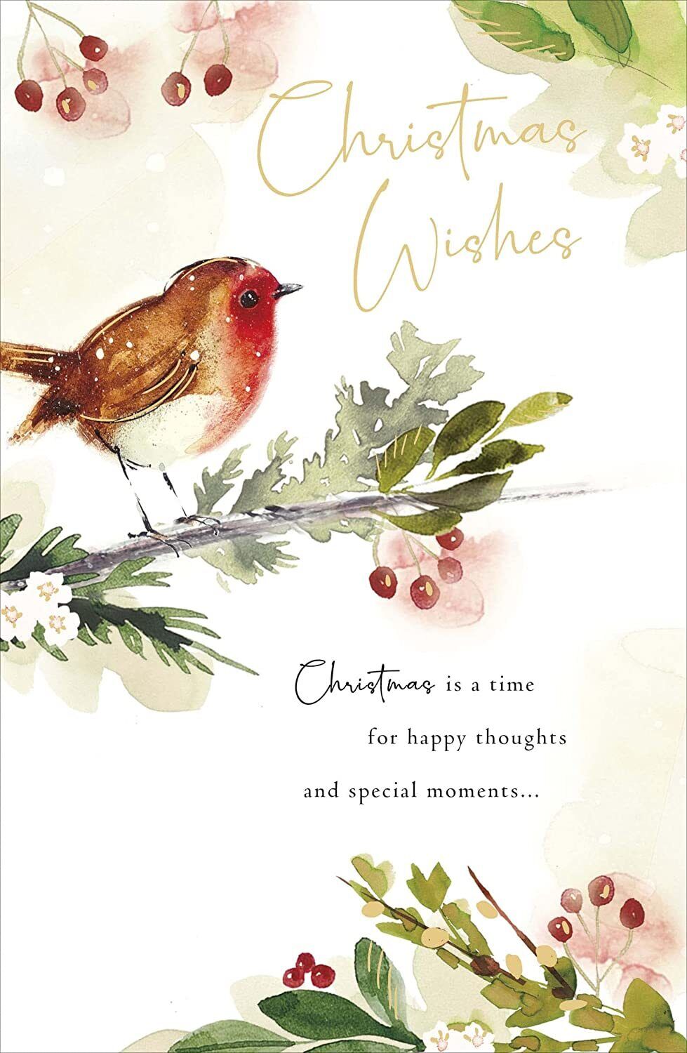 UK Greetings Robin Christmas Wishes traditional foiled greeting card featuring a festive holiday design with a robin and Christmas motifs.