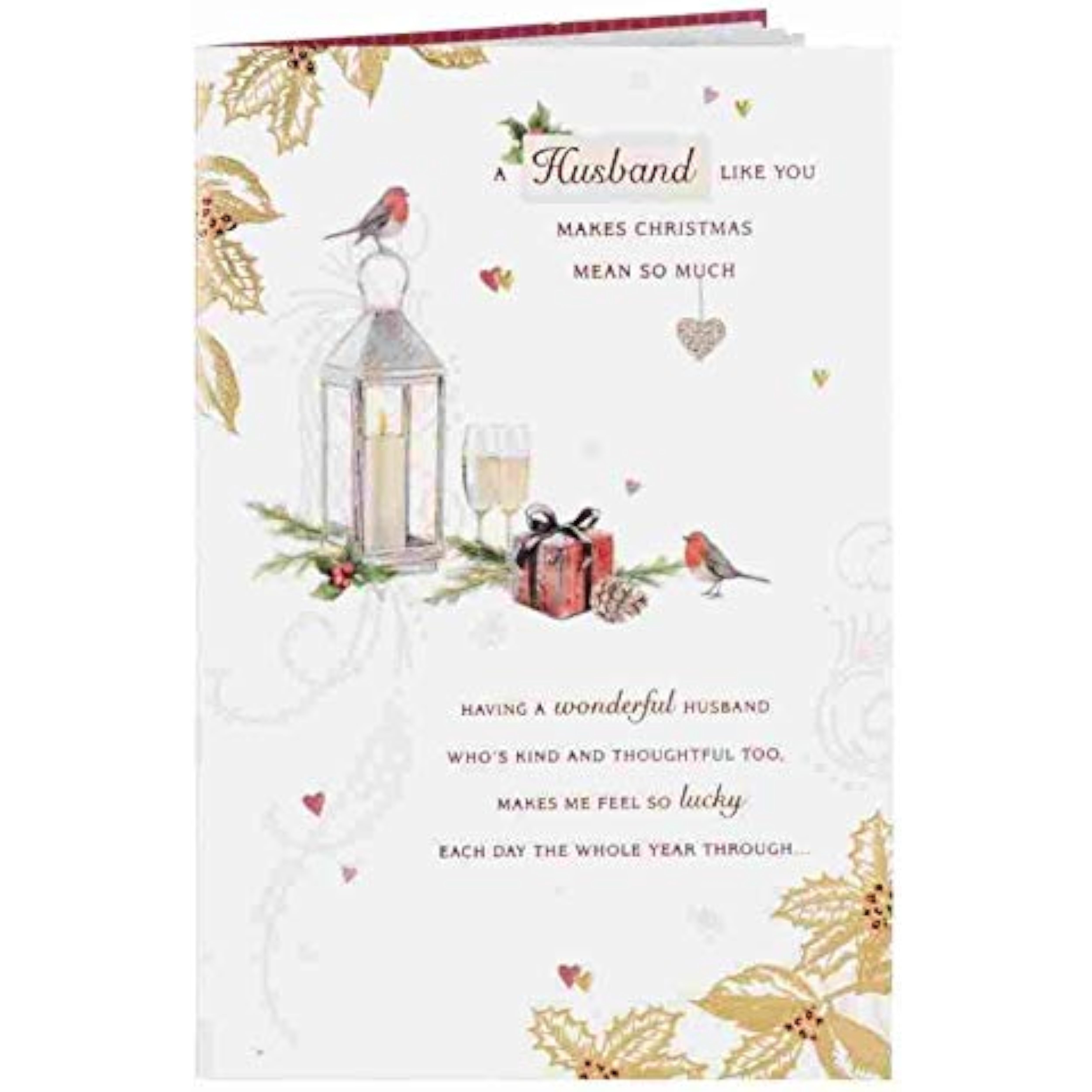 UK Greetings Robin Lantern and Foliage Word Portraits greeting card for husband, featuring colorful robin and foliage design.