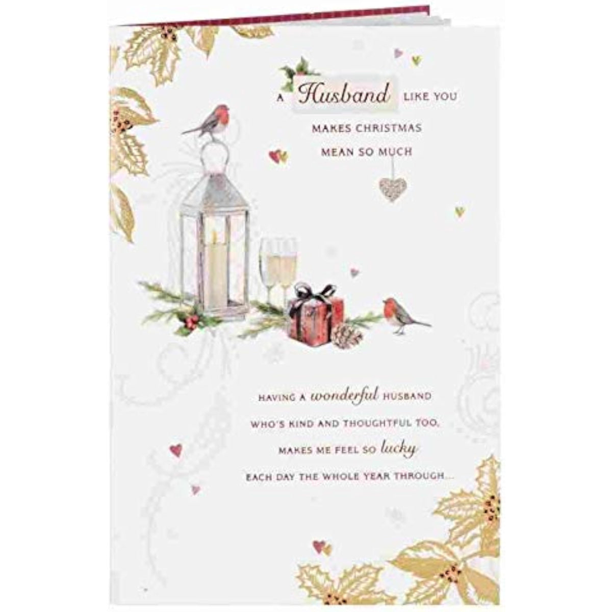 UK Greetings Robin Lantern and Foliage Word Portraits greeting card for husband, featuring colorful robin and foliage design.