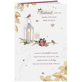 UK Greetings Robin Lantern and Foliage Word Portraits greeting card for husband, featuring colorful robin and foliage design.