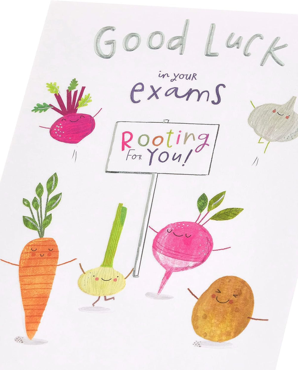 UK Greetings Rooting for You Good Luck Exams Card featuring colorful design and encouraging message for students.