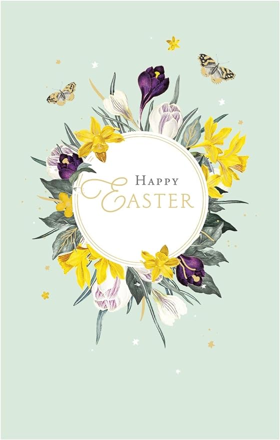 UK Greetings Royal Horticultural Society Easter greeting card with colorful floral design and "Happy Easter" message.