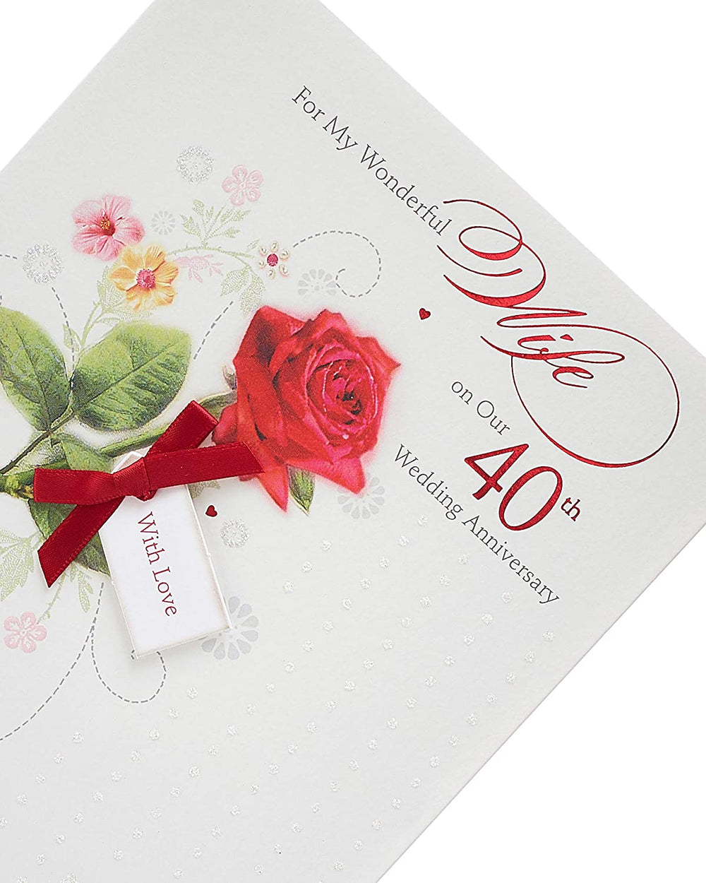 UK Greetings Ruby Anniversary Card with romantic message inside, designed for wife, featuring elegant greeting card visuals.