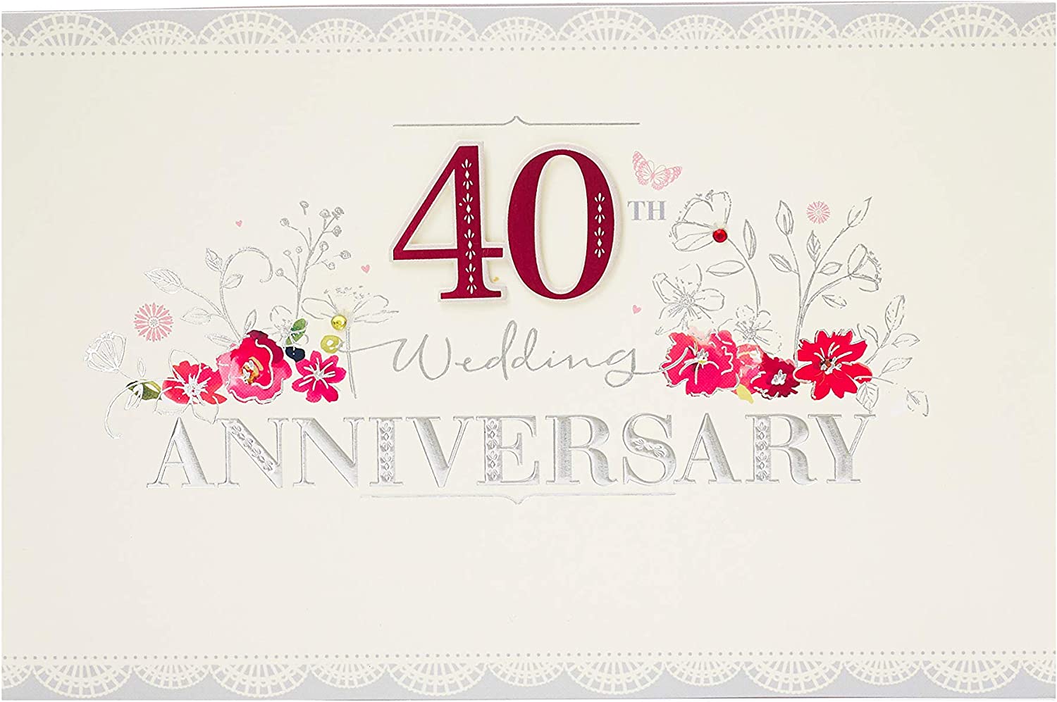 UK Greetings Ruby Red and Silver Foil 40th Ruby Anniversary Card featuring elegant design and shiny foil accents.
