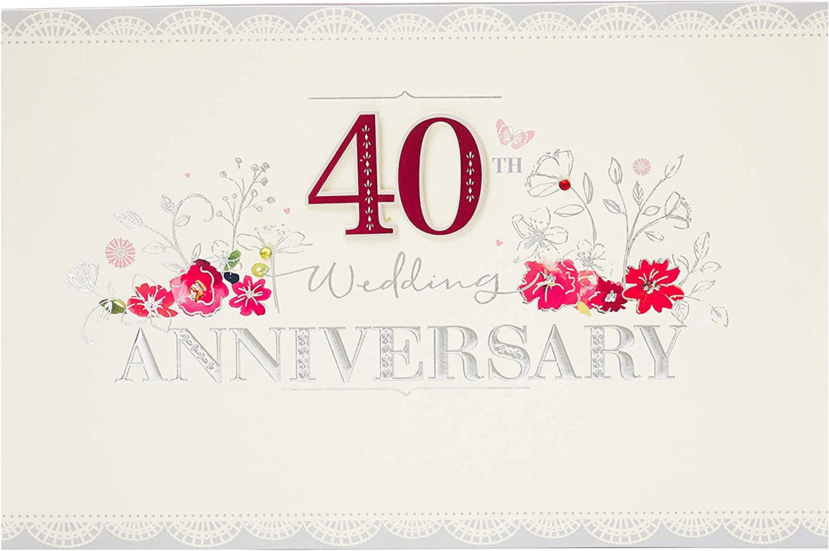 UK Greetings Ruby Red and Silver Foil 40th Ruby Anniversary Card featuring elegant design and shiny foil accents.