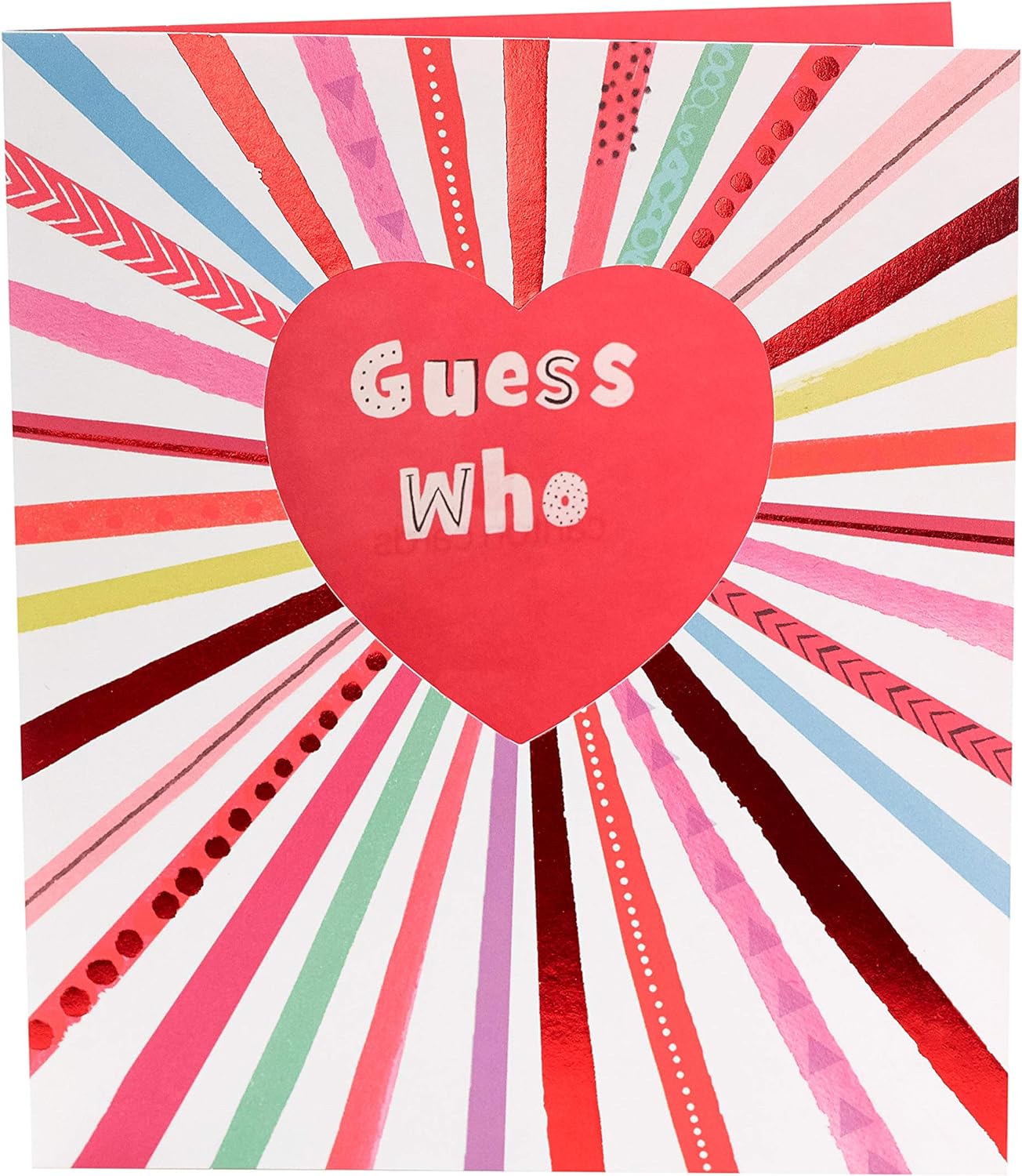 UK Greetings Secret Admirer Guess Who? Valentine's Card showing a colorful, playful design for romantic greeting card occasions.