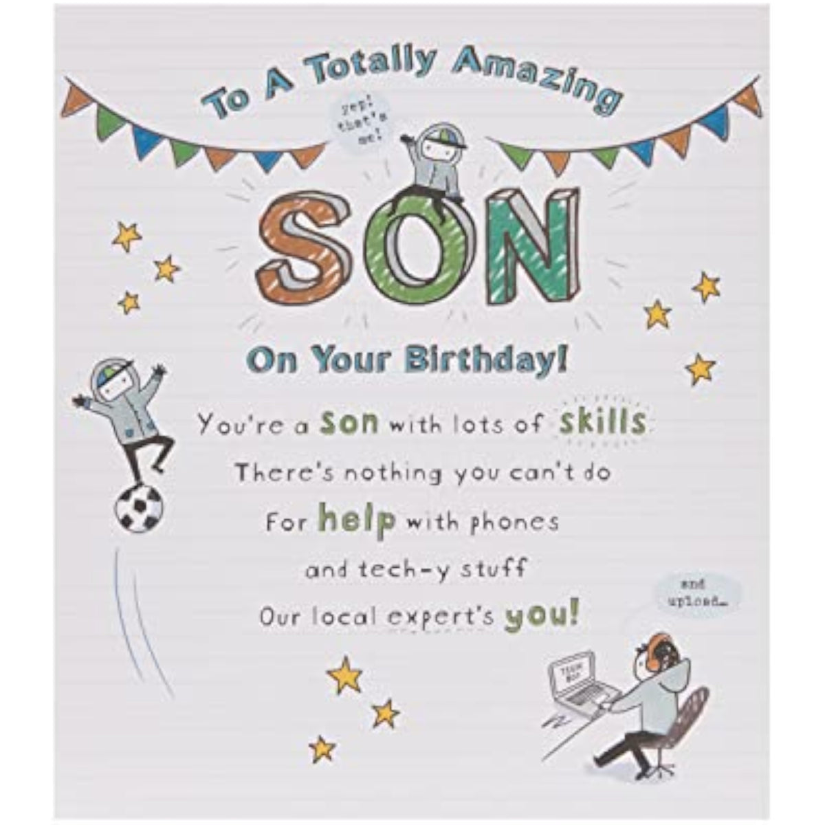 UK Greetings sentimental design birthday card for son, featuring heartfelt message and colorful illustrations.