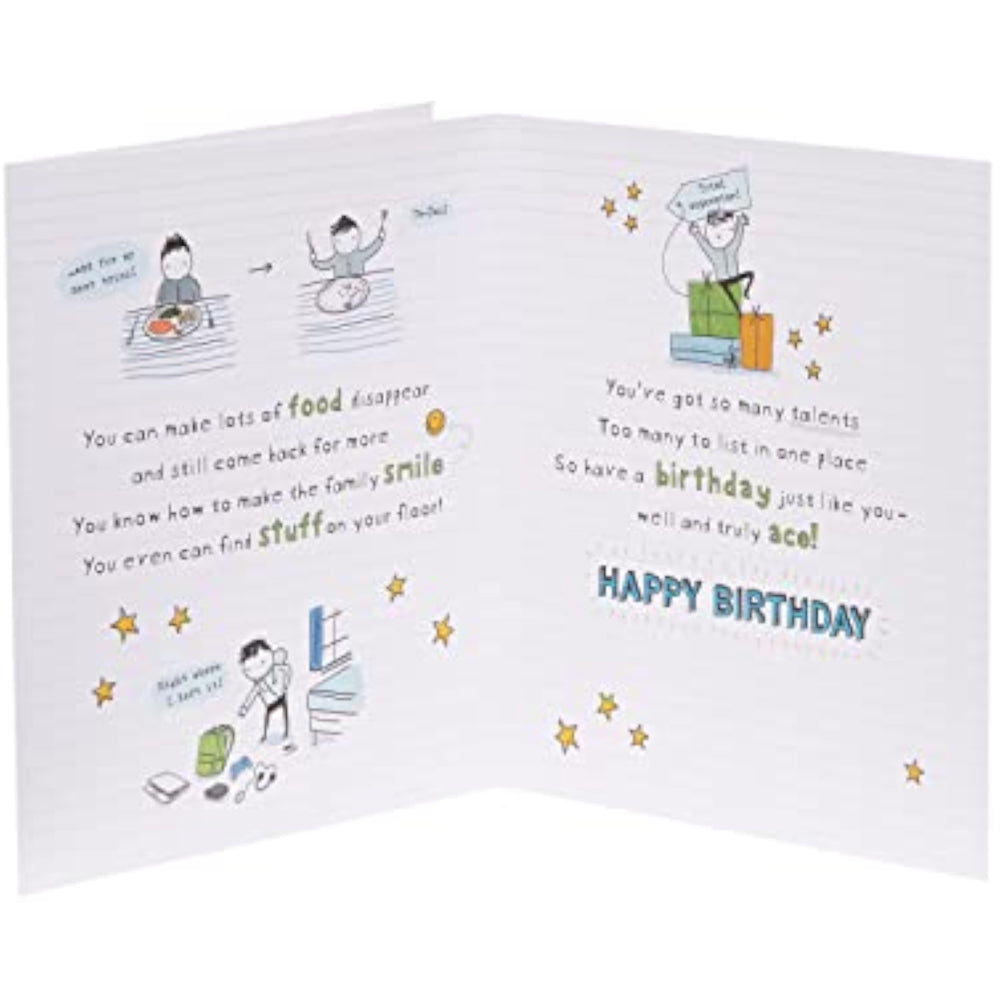 UK Greetings sentimental design son birthday card with heartfelt message and colorful illustration for special occasions.