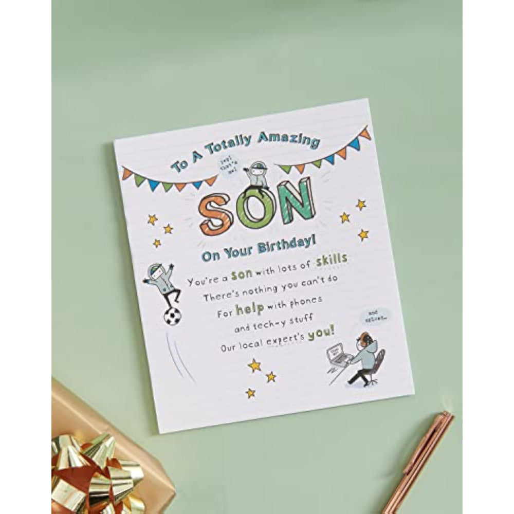 UK Greetings sentimental design son birthday card with heartfelt message and colorful illustrations for special occasions.