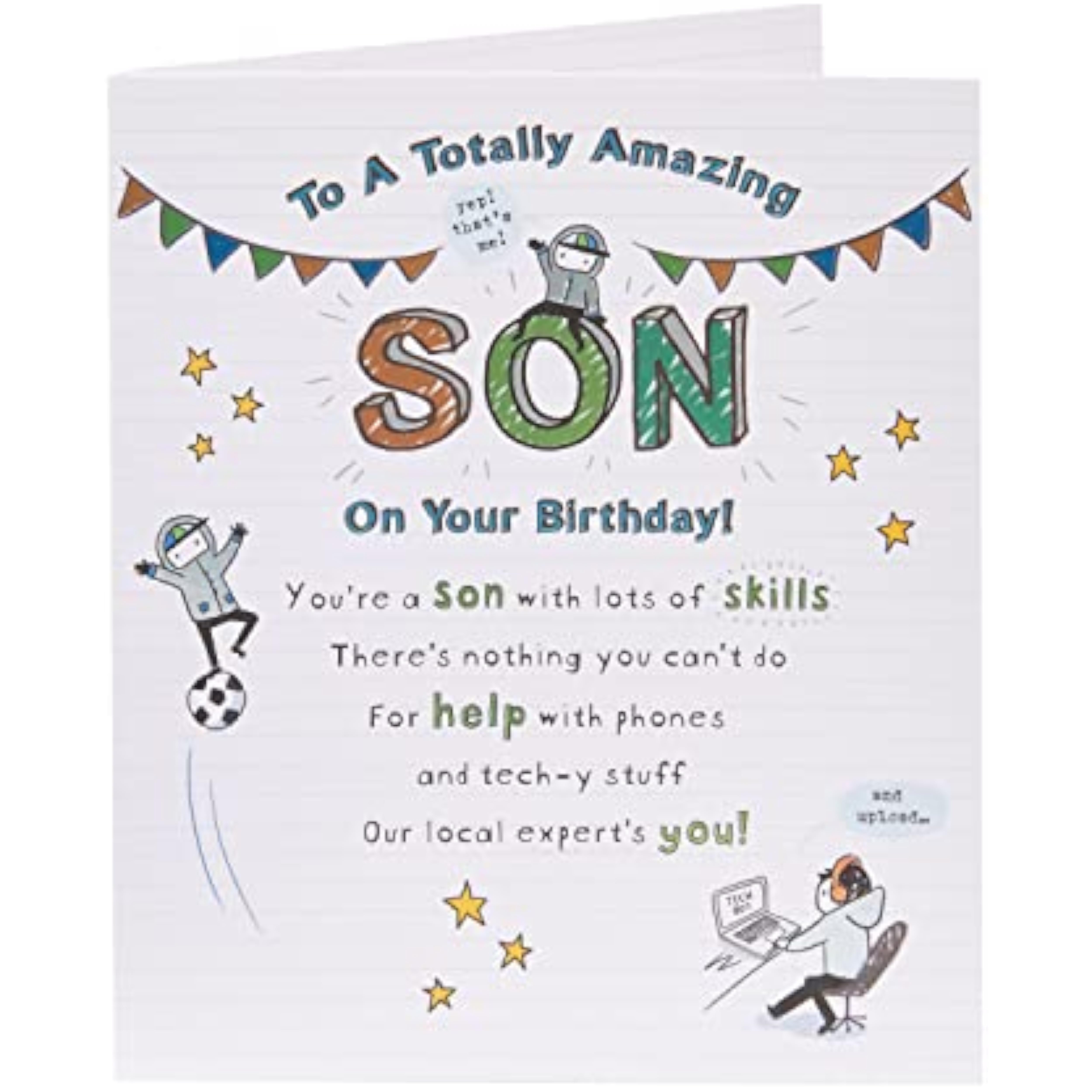 UK Greetings sentimental design birthday card for son, featuring heartfelt message and decorative illustrations.