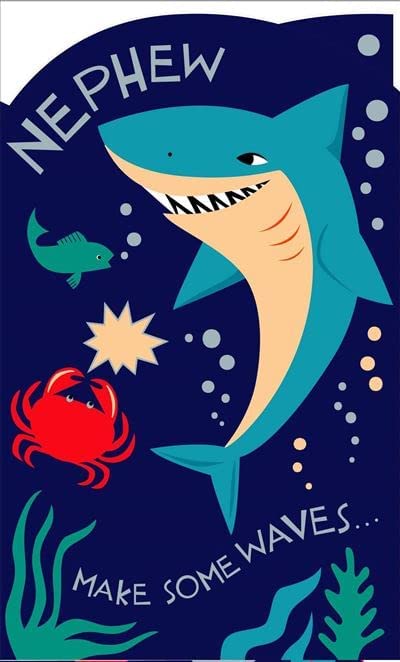 UK Greetings shark design birthday card for nephew, featuring colorful shark illustration on a cheerful greeting card.
