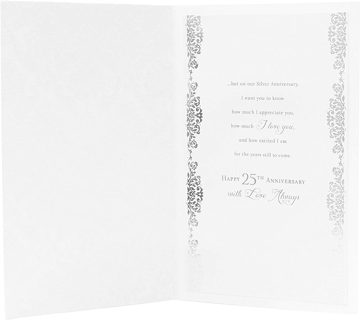 UK Greetings Silver 25th Wife wedding anniversary greeting card with romantic message inside, featuring elegant silver design.