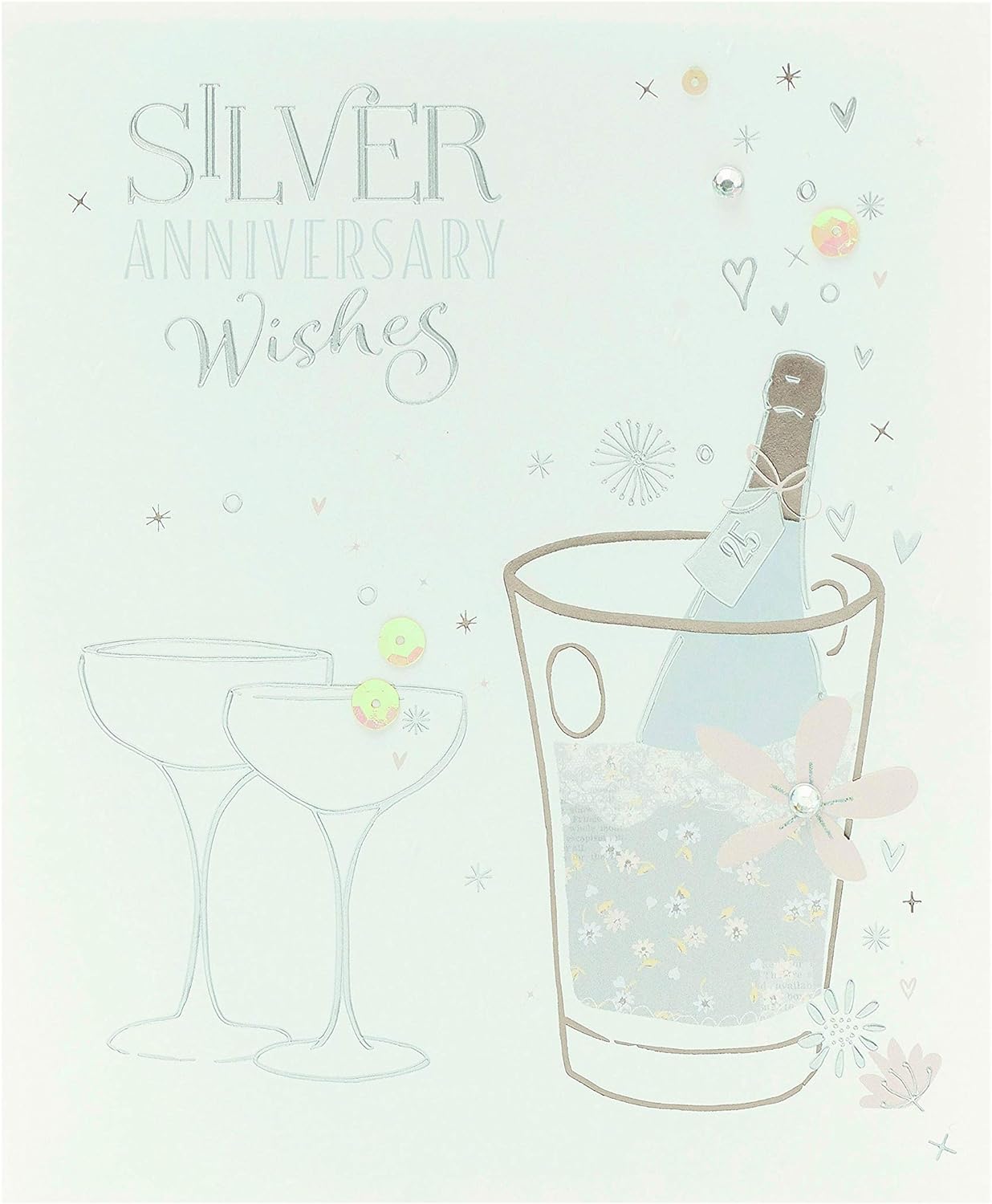 UK Greetings Silver Anniversary greeting card with gems and sequins, featuring elegant 25th anniversary design and metallic accents.