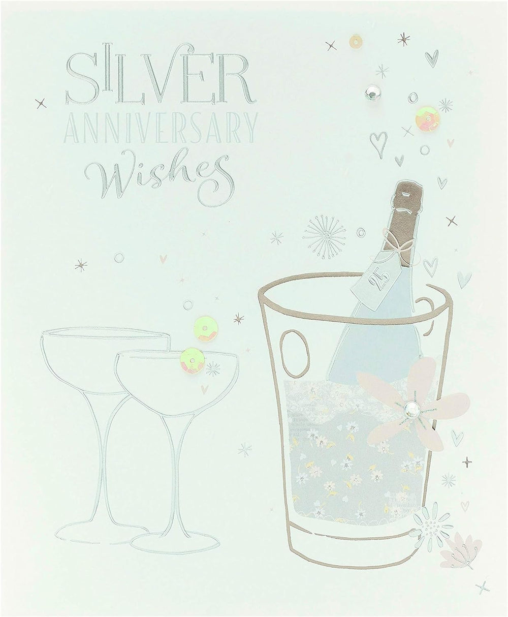 UK Greetings Silver Anniversary greeting card with gems and sequins, featuring elegant 25th anniversary design and metallic accents.