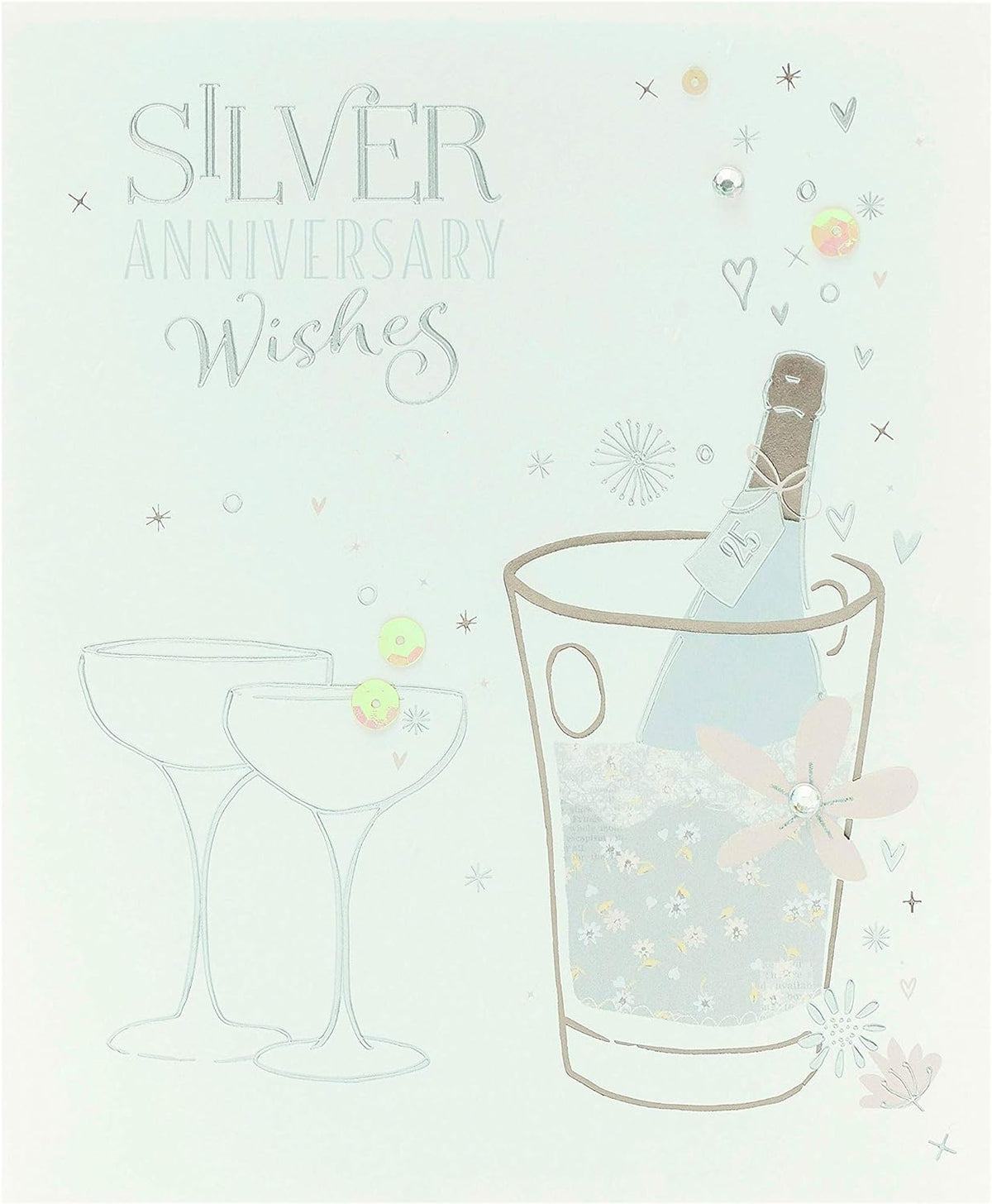 UK Greetings Silver Anniversary greeting card with gems and sequins, featuring elegant 25th anniversary design and metallic accents.