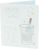 UK Greetings Silver Anniversary greeting card with silver gems and sequins, featuring festive anniversary wishes.