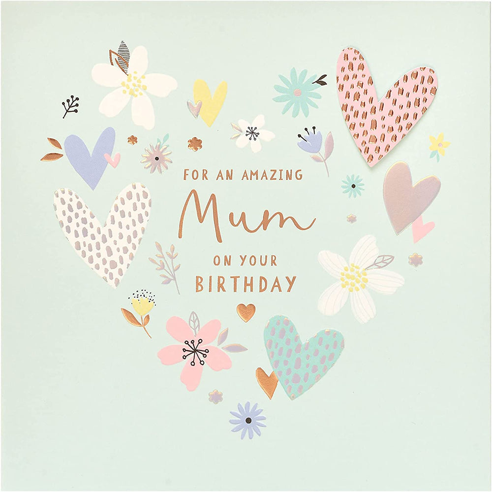 UK Greetings silver and copper foil details Mum birthday greeting card featuring elegant design and festive embellishments.