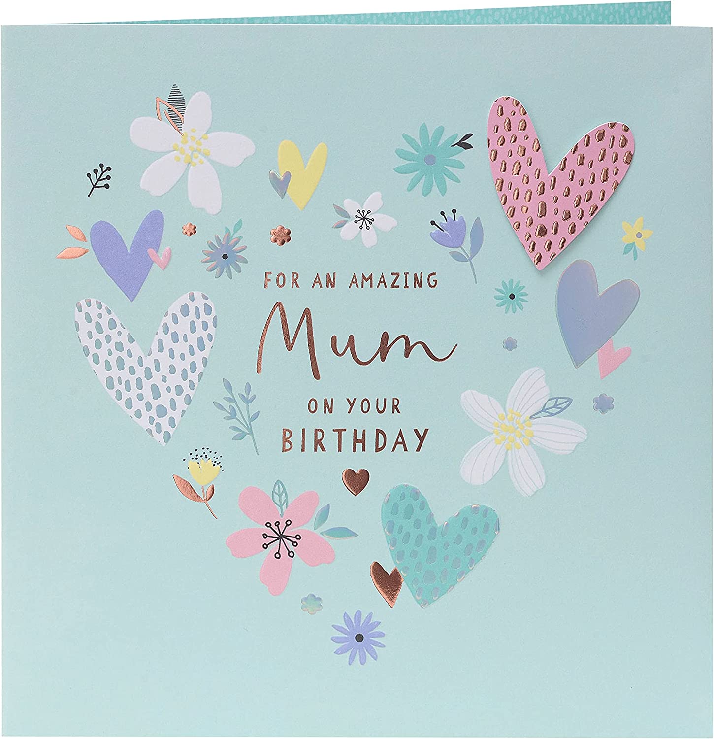 UK Greetings silver copper foil details Mum birthday greeting card, featuring elegant design and festive message for special occasions.