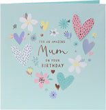 UK Greetings silver copper foil details Mum birthday greeting card, featuring elegant design and festive message for special occasions.
