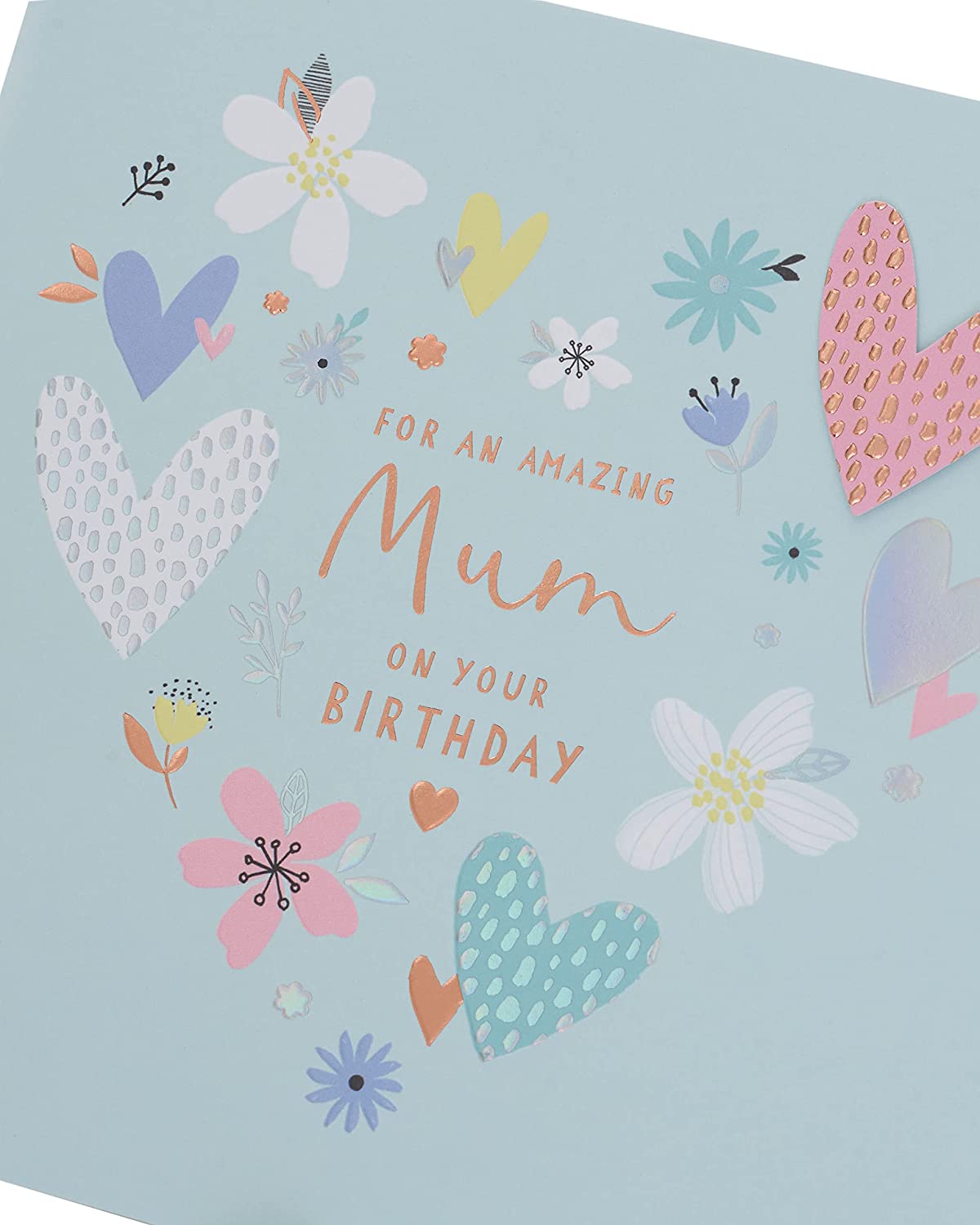 UK Greetings Mum birthday card with silver and copper foil details, featuring elegant design and festive embellishments.