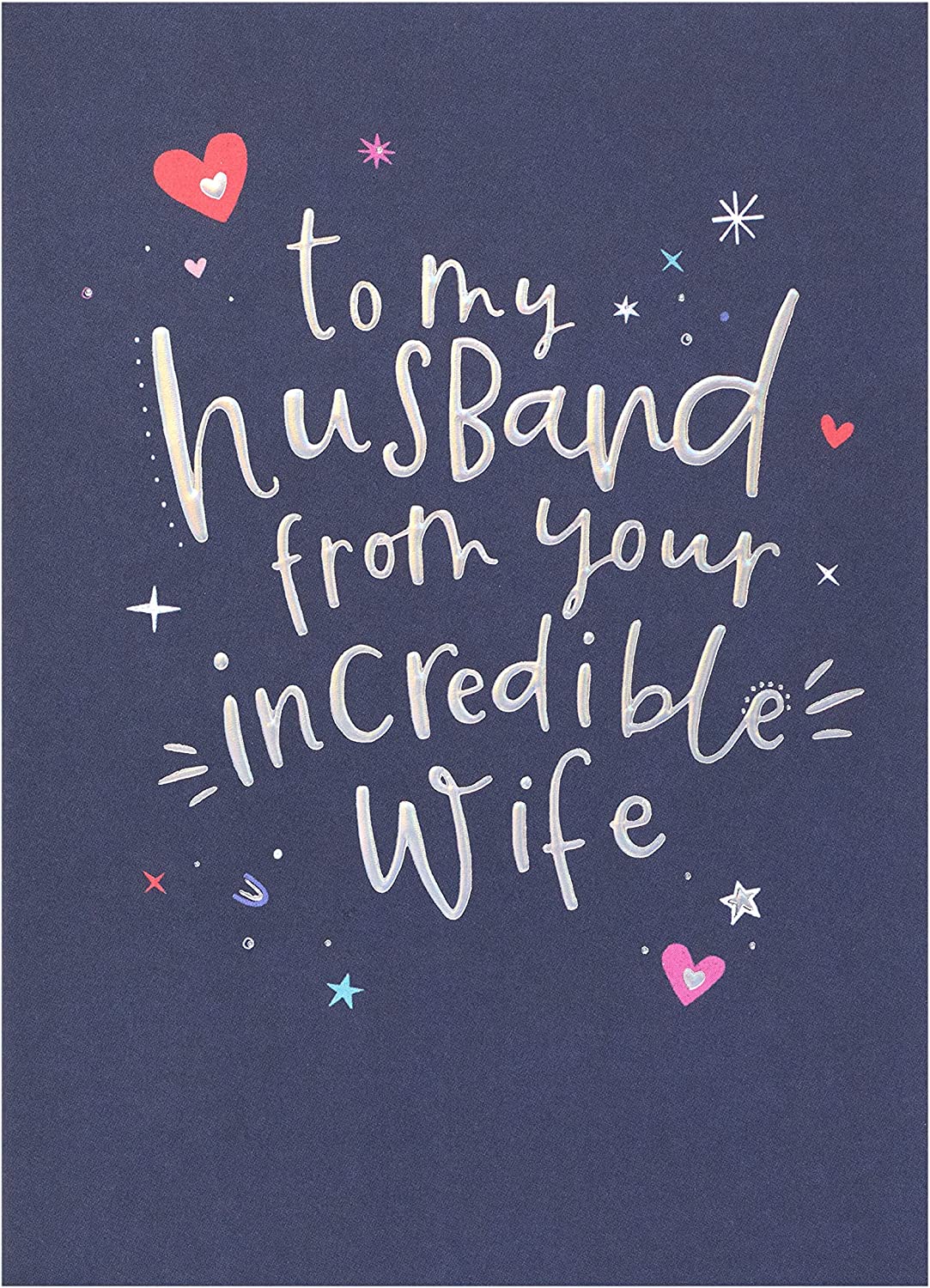 UK Greetings silver foil lettering husband birthday greeting card with elegant design and celebratory message.