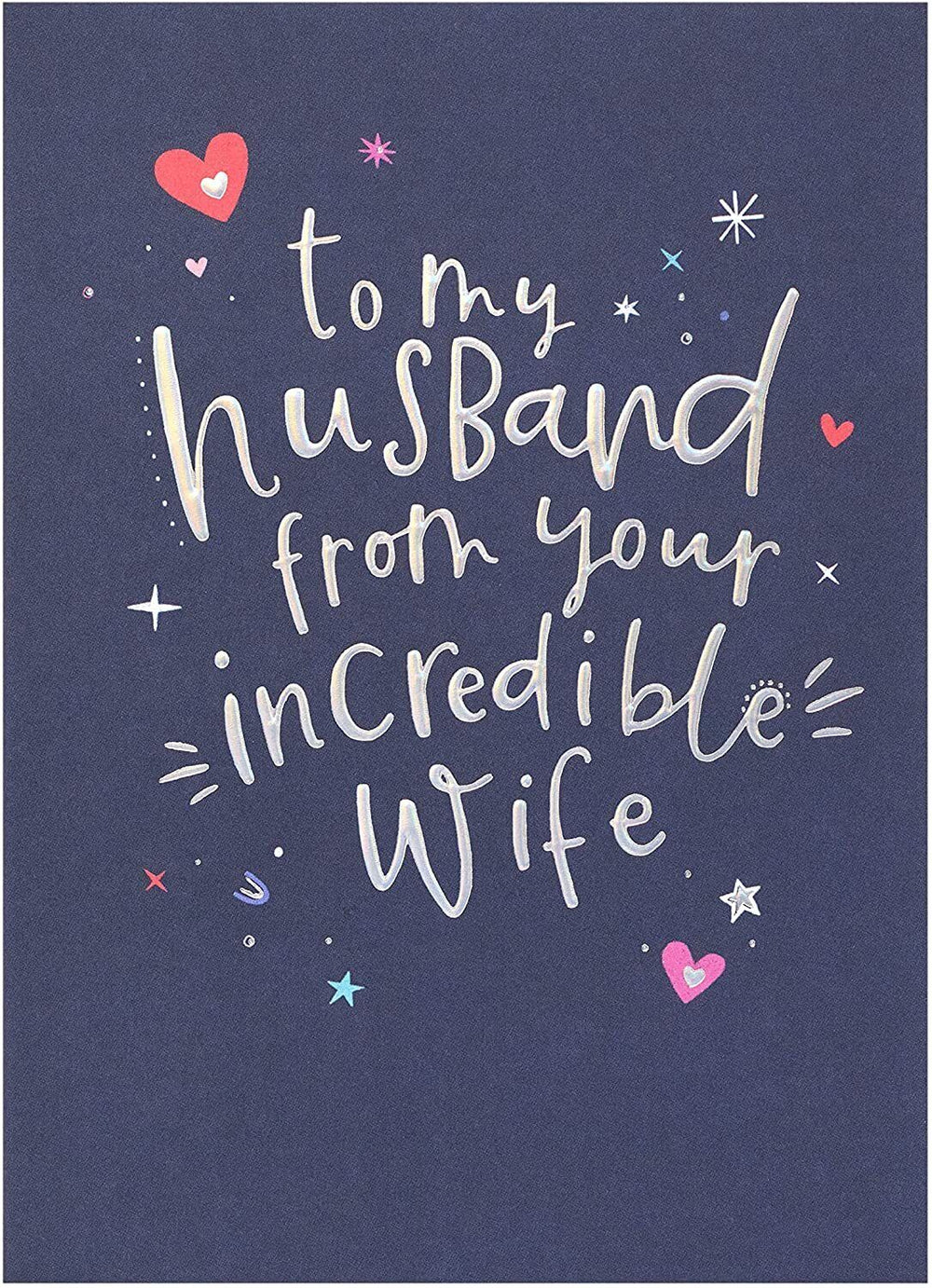 UK Greetings silver foil lettering husband birthday greeting card with elegant design and festive message on the front.