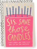 UK Greetings Sister Birthday Card featuring a "Save the Candles Sis" message, with colorful birthday-themed design and illustrations.