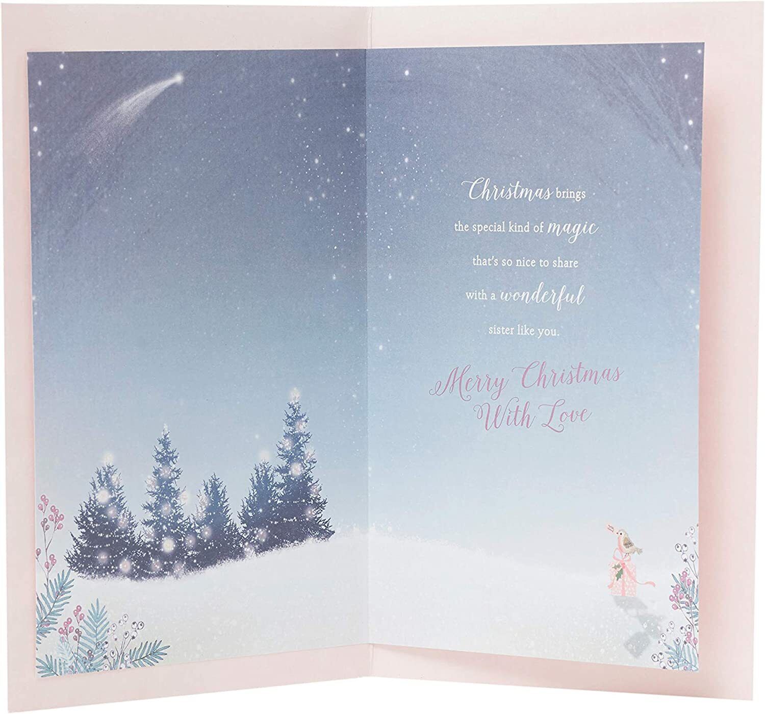 UK Greetings sister Christmas card featuring a cute design with a deer and robin, includes an envelope for festive holiday wishes.