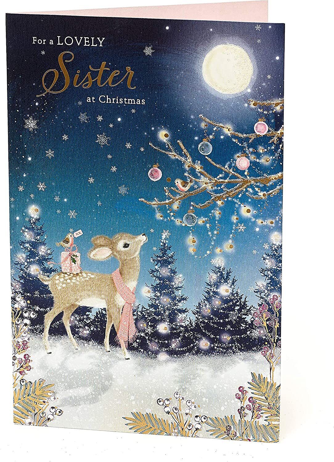 UK Greetings Sister Christmas Card with Envelope featuring a cute deer and robin design for the holiday season.
