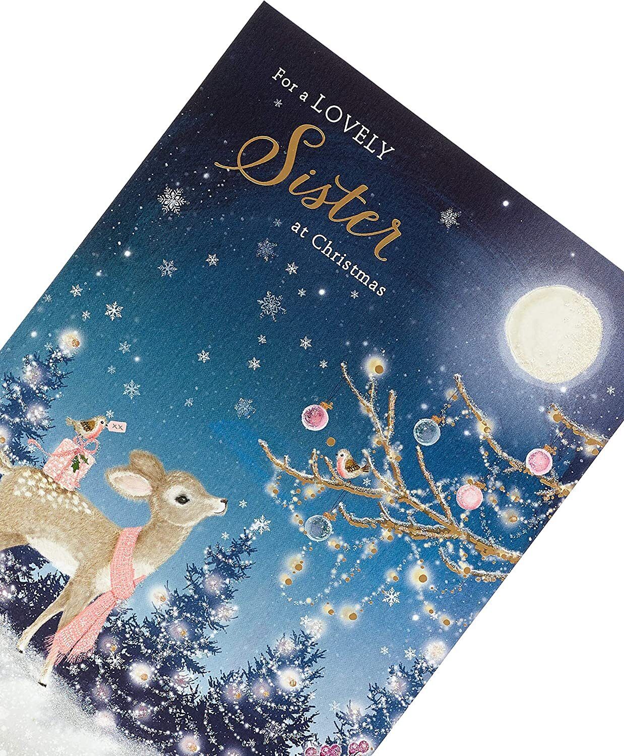 UK Greetings Sister Christmas Card with envelope featuring a cute deer and robin design, perfect for holiday greetings.