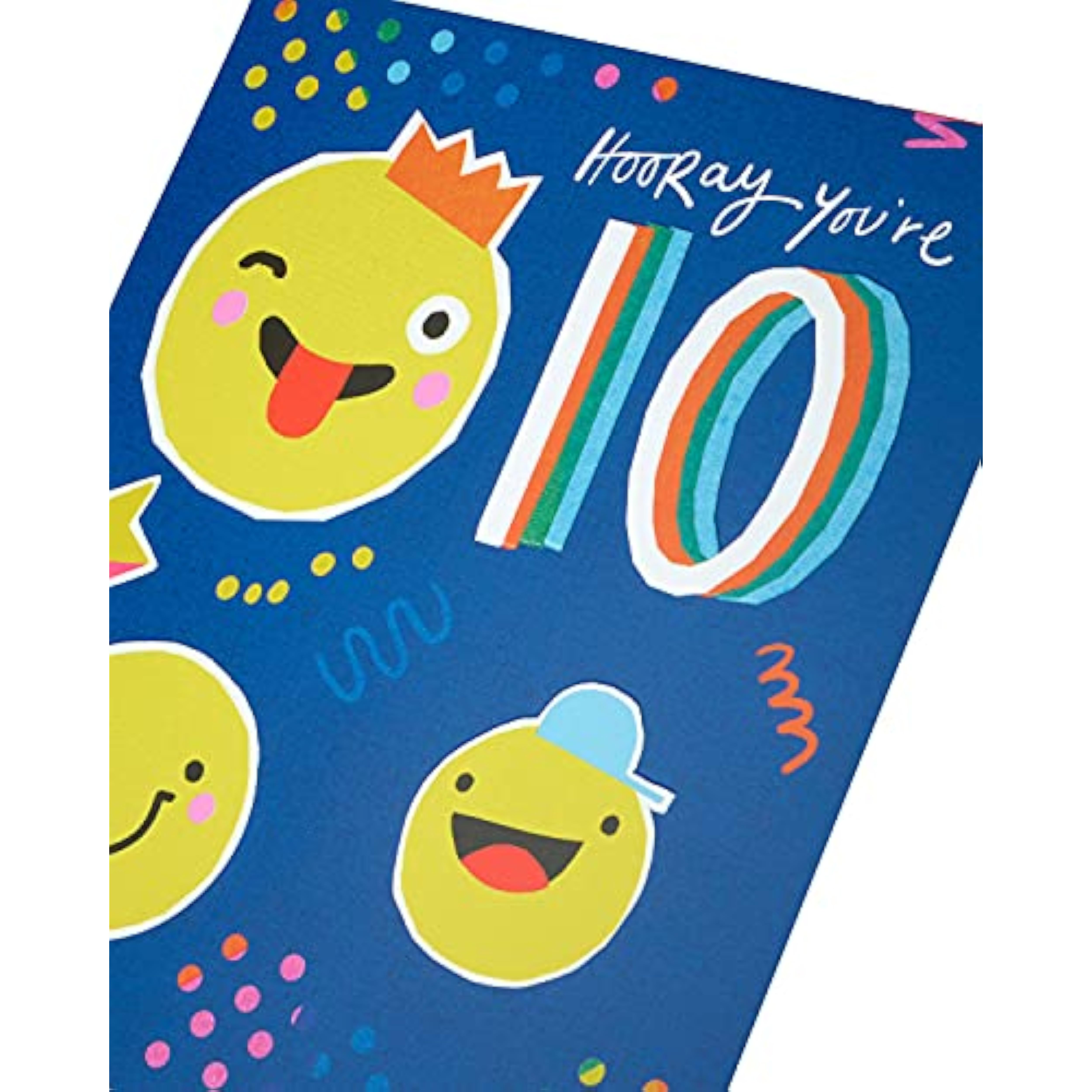 UK Greetings Smiley Faces 10th Birthday Card featuring colorful smiley face designs, perfect for celebrating a child's special day.