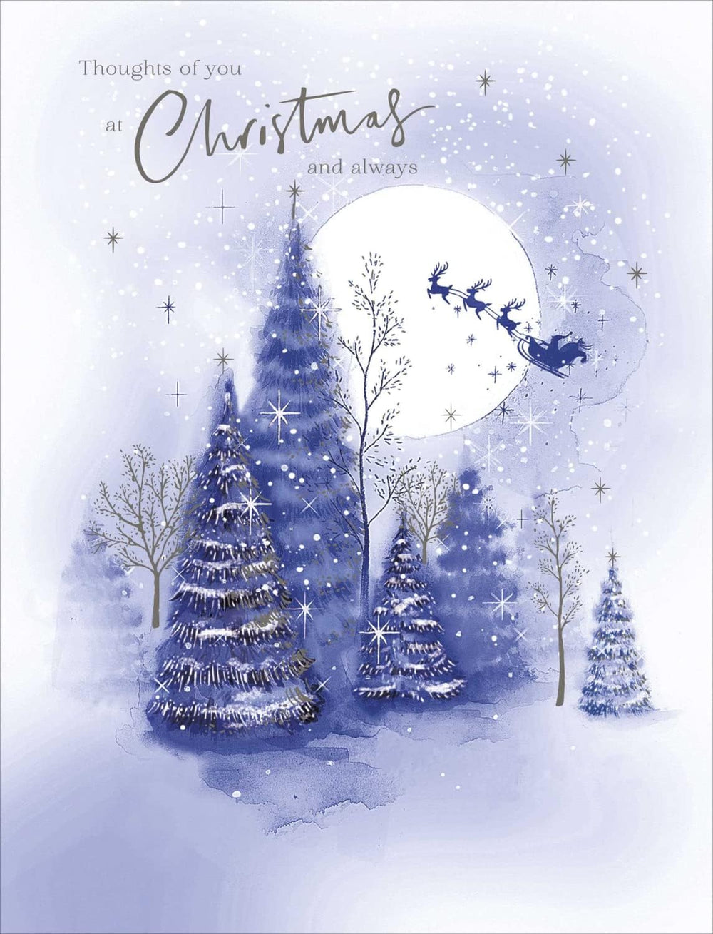 UK Greetings Christmas card featuring a snowy scene and "Thoughts of You" message, ideal for holiday greeting cards.
