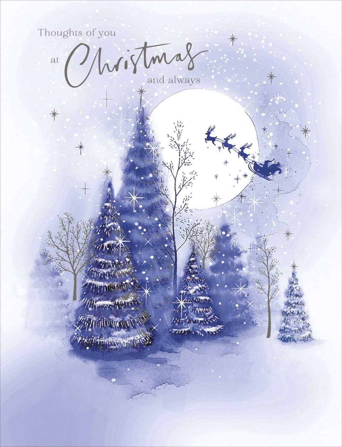 UK Greetings Christmas card featuring a snowy scene and "Thoughts of You" message, ideal for holiday greeting cards.